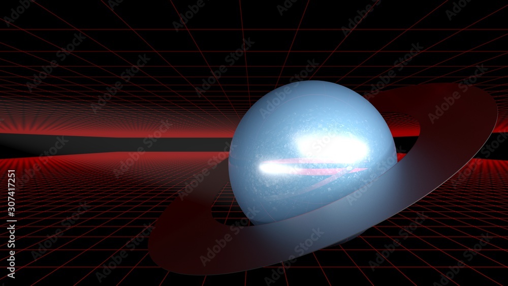 Aufkleber abstract saturn planet on black background with red grid - 3d rendering illustration