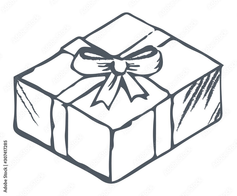 Poster cube shaped box tied by ribbon and bow. knot with tape on present package. freehand sketch of contou