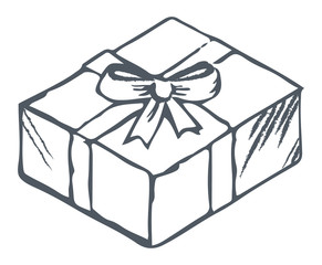 Cube shaped box tied by ribbon and bow. Knot with tape on present package. Freehand sketch of contours of carton object. Outline picture, transparent element. Vector illustration in minimalism