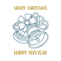 Bell. Hand drawn Christmas bells with bow, ribbons and lettering Merry Christmas and Happy New Year. Retro style sketch drawing Christmas bells illustration. Part of set.