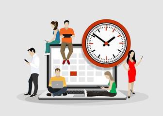 Flat business people planning operation, circle mark on calendar. Business operations planning and scheduling concept.