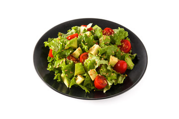 Salad with avocado, lettuce, tomato, flax seeds isolated on white background