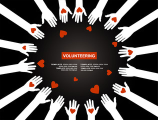 Hands with hearts. Raised hands volunteering vector concept