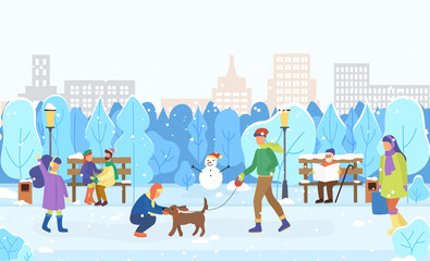 Winter cityscape with people walking and playing outdoors. Man walking dog on leash. Couple hugging in park. Old male reading newspaper. City with skyscrapers and trees greenery, vector in flat