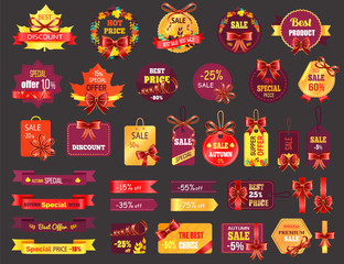 Price tags, shopping isolated icons, autumn sale. Online store, best price or special offer, weekend sale and fall discount or big off. Shop and store emblems, trade and seasonal action cards