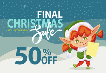 Final christmas sale and holiday discount, designed caption. Little girl in green elf costume prepare presents for children. Character with letter of wishes in hands. Vector illustration in flat style