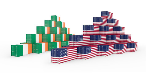 3D Illustration of the group Cargo Containers with Ireland and United States of America (USA) Flag. Isolated on white.