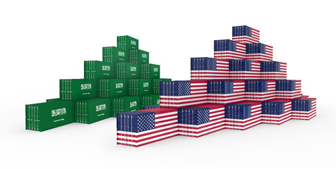 3D Illustration of the group Cargo Containers with Saudi Arabia and United States of America (USA) Flag. Isolated on white.