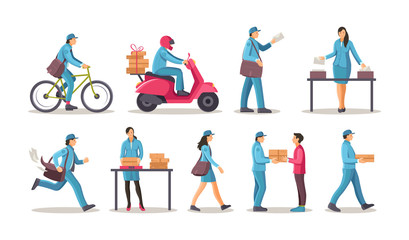 Fototapeta na wymiar Post office workers shipping letters, parcel set. Postman work courier with bag on bicycle scooter running delivering correspondence, letters to the addressee cartoon vector illustration
