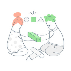 Solution, finding the right answer concept. Two cartoon characters solving a puzzle, holding a cube to put it the right hole. Brainteaser, logic game, solving a logical problem. Flat outline ui vector