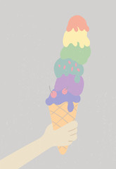 Surface design with hand hold an ice-cream cone. colour of ice-cream with grunge textured effect