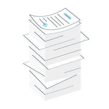 Paper stack, the pile of documents or bills, contracts. Paperwork and routine, research, analyzing process icon concept. Flat thin line vector illustration on white.