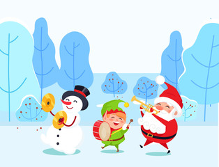 Musical group of cartoon characters playing instrument in winter park. Santa Claus, snowman and elf fairy hero singing song in snowy forest. Players with drum and fife objects near fir-trees vector