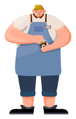 Barista man wearing apron holding cup of coffee. Standing male in uniform making mug beverage. Element of coffeehouse waiter with java drink isolated on white. Cafeteria proffesional staff vector