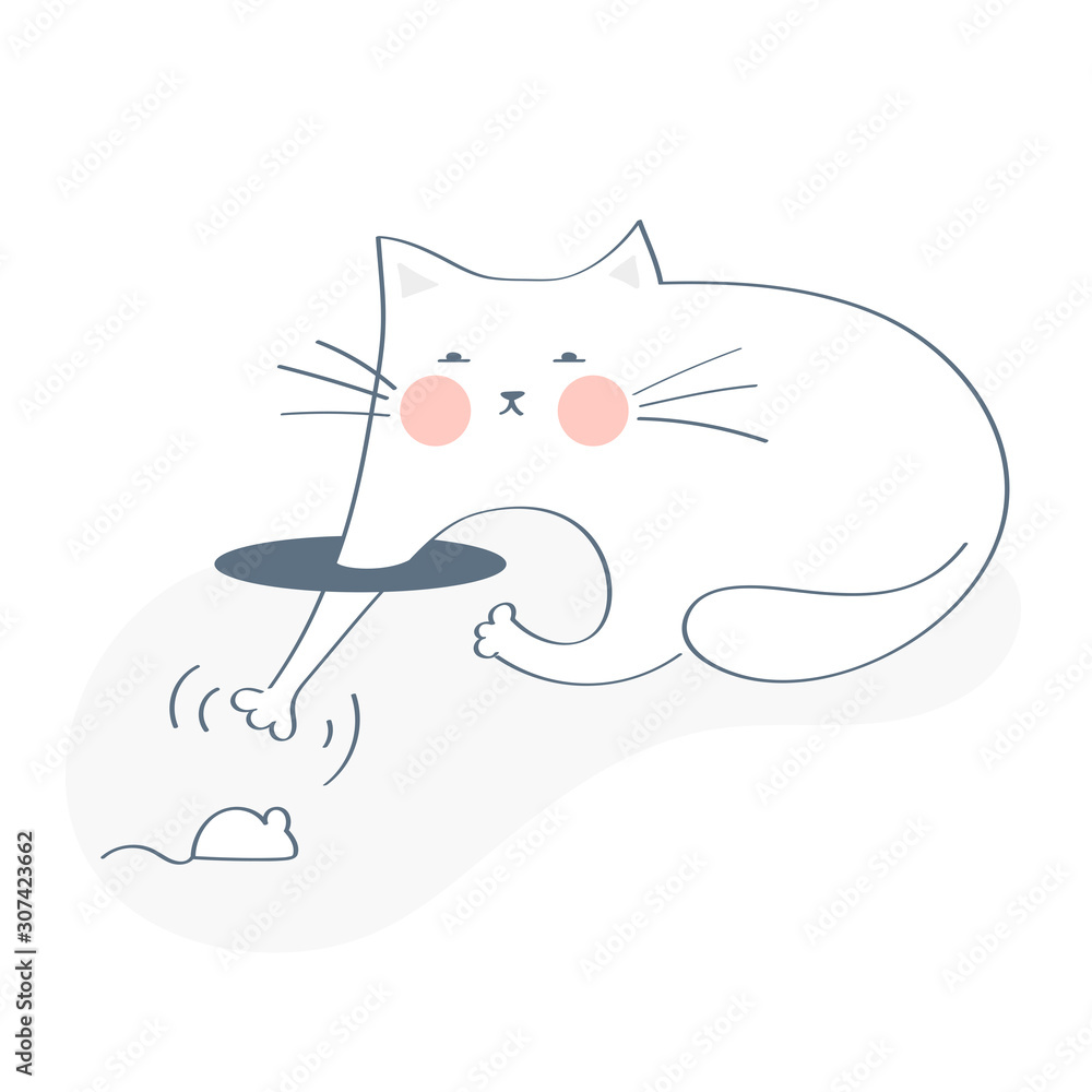 Poster the cat is trying to catch a mouse in a hole. 404 page concept, page note found. light outline vecto