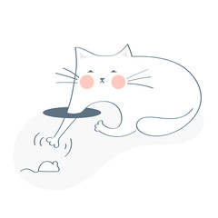 The cat is trying to catch a mouse in a hole. 404 page concept, page note found. Light outline vector illustration on white.