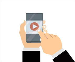 Video player on smartphone in the hands of a man. Vector illustration