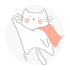 Flying superhero cat. Hand drawn superman, defender, protector concept. Cute outline isolated vector illustration on white background.