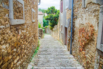 Croatia, Istria, beautiful old cobbled street, traditional houses and in the old historical town of Motovun