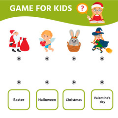 Education logic game for preschool kids. Kids activity sheet.  Holidays. Children funny riddle entertainment. Vector illustration