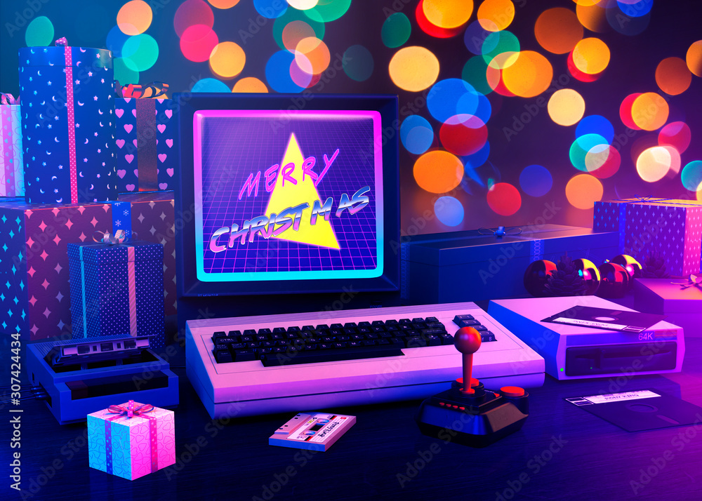 Aufkleber christmas wishes on a retrowave computer on a bokeh colorful background - 3d rendering