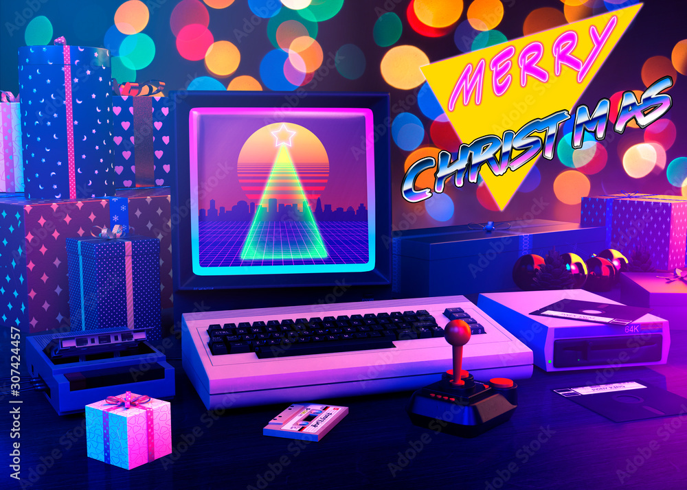 Poster retrowave christmas wishes with colorful bokeh background - 3d rendering