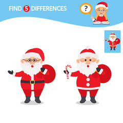 Game for children. Educational worksheet for preschool kids. Find 5 differences. Christmas teme. Santa claus