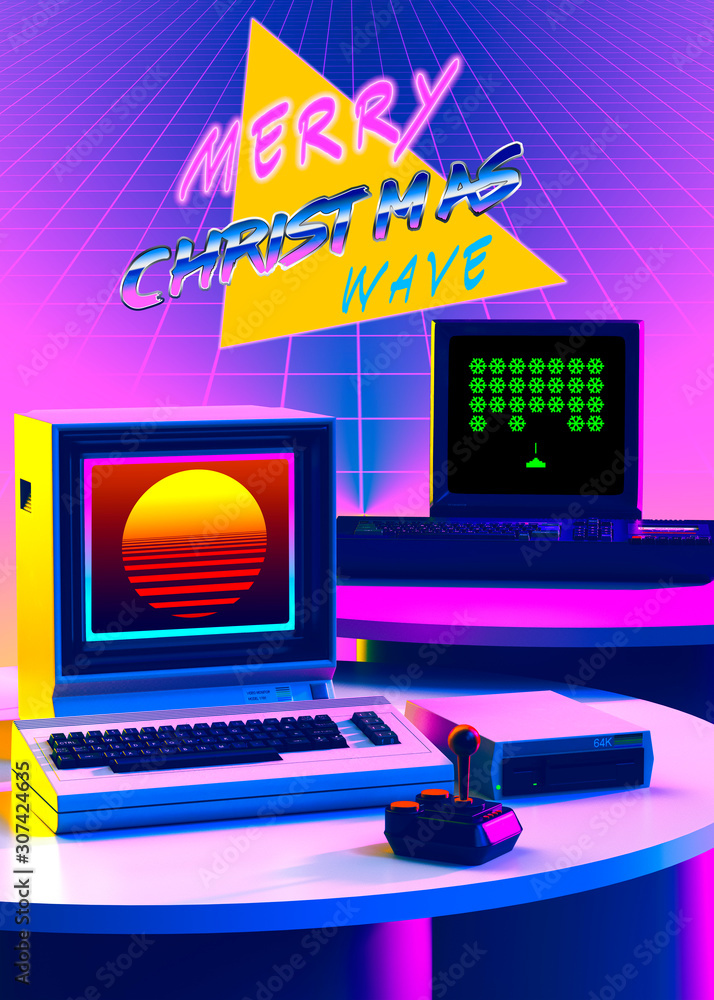 Aufkleber abstract christmas wishes retrowave computer with sun and arcade game - 3d rendering