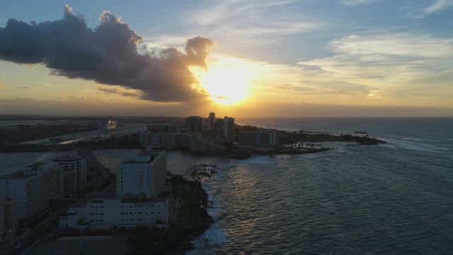 Droning sunset in Puerto Rico over Condado