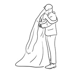 Wedding couple, bride and groom embracing each other vector illustration sketch doodle hand drawn with black lines isolated on white background
