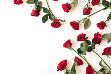 Floral composition with red rose flowers on white background. Flatlay, top view.