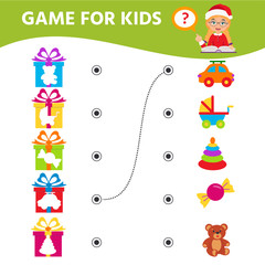 Game for children. Educational worksheet for preschool kids. Find a match what's in the gift box. Christmas, new year theme.