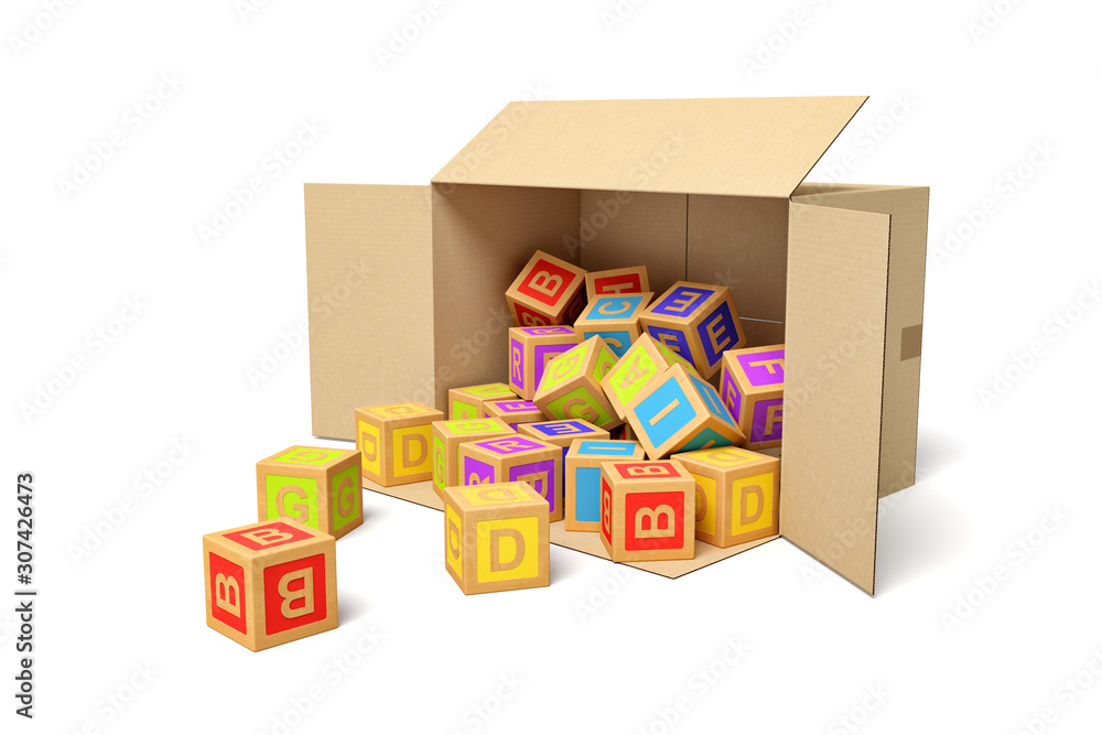 Poster 3d rendering of cardboard box lying sidelong full of abc blocks.