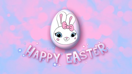 3D Illustration for Happy Easter banner with a cute playful cartoon rabbit girl on easter egg blue and pink