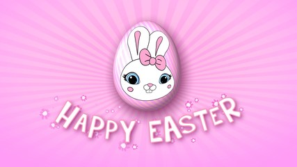 3D Illustration for Happy Easter banner with a cute playful cartoon rabbit girl on easter egg blue and pink