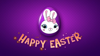 3D Illustration for Happy Easter banner with a cute playful cartoon rabbit girl on easter egg purple and orange