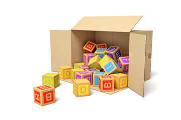 3d rendering of cardboard box lying sidelong full of ABC blocks.
