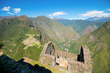 Fototapeta na wymiar Machu Picchu - View from Huayna Picchu mountain on Machu Picchu and old ruins