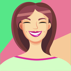 Cartoon portrait of a smiling girl with light brown hair in a turquoise sweater, with red lips and closed eyes on a colorful background.