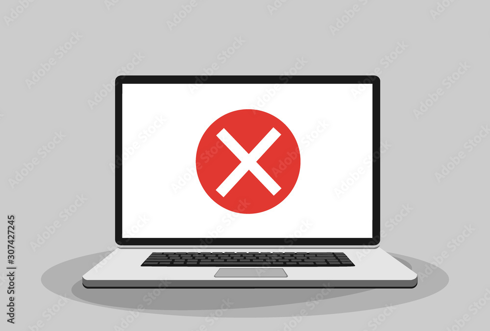 Aufkleber laptop and x mark. notebook and round red cross mark icon on white screen. error window, exit button