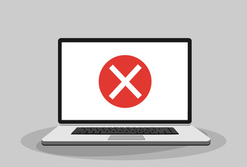 Laptop and x mark. Notebook and round red cross mark icon on white screen. Error window, exit button, no, cancel, 404 error page not found concepts. Vector illustration