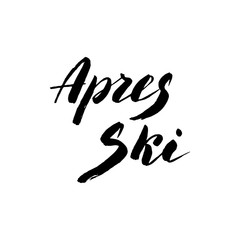 Apres ski typography logo isolated on white background. Trendy brush lettering font. Apres ski leisure logo for leaflet, flyer, menu, advertisement. Vector eps 10.