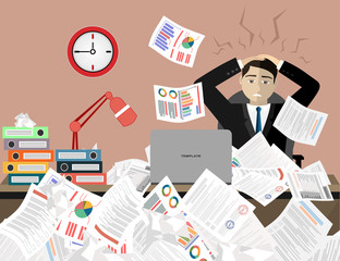 Stress at work concept flat illustration. Stressed out men in suit with glasses, in office at the desk. Modern design for web banners, web sites, printed materials, infographics. Flat vector.