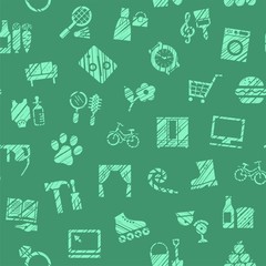 Shops, seamless pattern, color, hatching, green, vector. Different product categories. Imitation of pencil hatching. Green icons on a green field.  