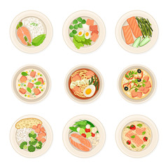 Dishes With Salmon Vector Set. Top View of Different Courses Collection