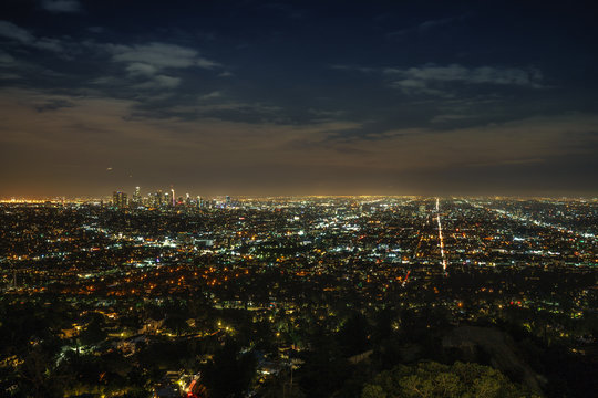 Los Angeles Panorama at night, California - Cityscape and Griffith Observatory