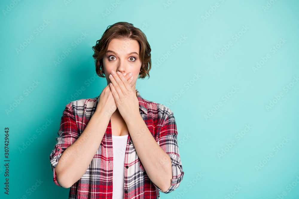 Canvas Prints Close up photo of frightened girl share private novelty dont want tell hide her mouth palms wear good look stylish clothes isolated over turquoise color background