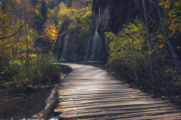 Plitvice lakes (Plitvicka jezera) national park, Croatia. Amazing autumn sunny landscape with...
