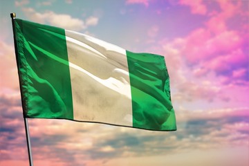 Fluttering Nigeria flag on colorful cloudy sky background. Prosperity concept.