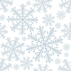 Naklejka na ściany i meble Snowflakes seamless background. Hand drawn different snowflakes endless frozen texture. Winter holidays hand dawn seamless pattern. Sketch drawing different snowflakes. Part of set.